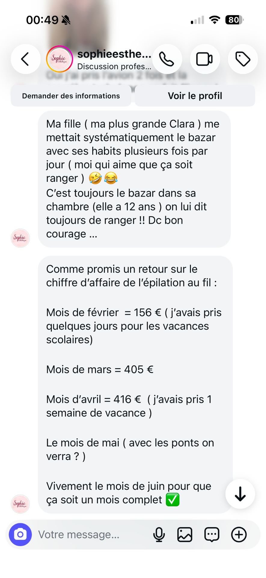 Témoignage de Sophie partageant son chiffre d'affaires d'épilation au fil : 156€ en février, 405€ en mars et 416€ en avril